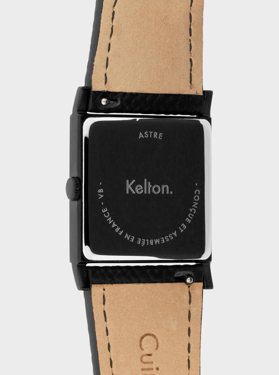 Image of Montre boîtier noir et bracelet cuir brun, marquages Kelton sur le cadran