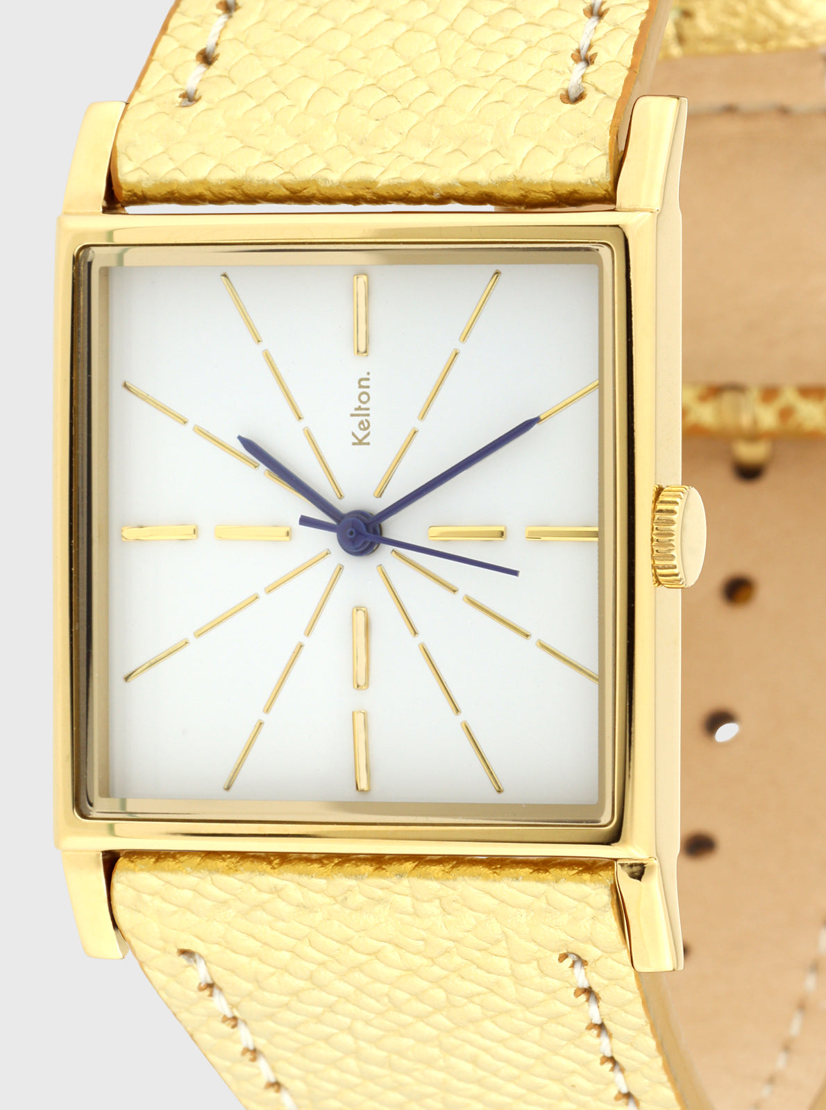 Image of Cadran carré blanc de montre, traits rayonnants, centre bleu, boîtier doré