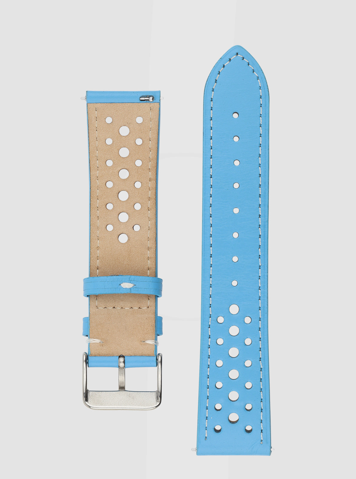 Image of Bracelet en cuir 22 mm cyan, fermeture à ardillon, rangée de rivets décoratifs.