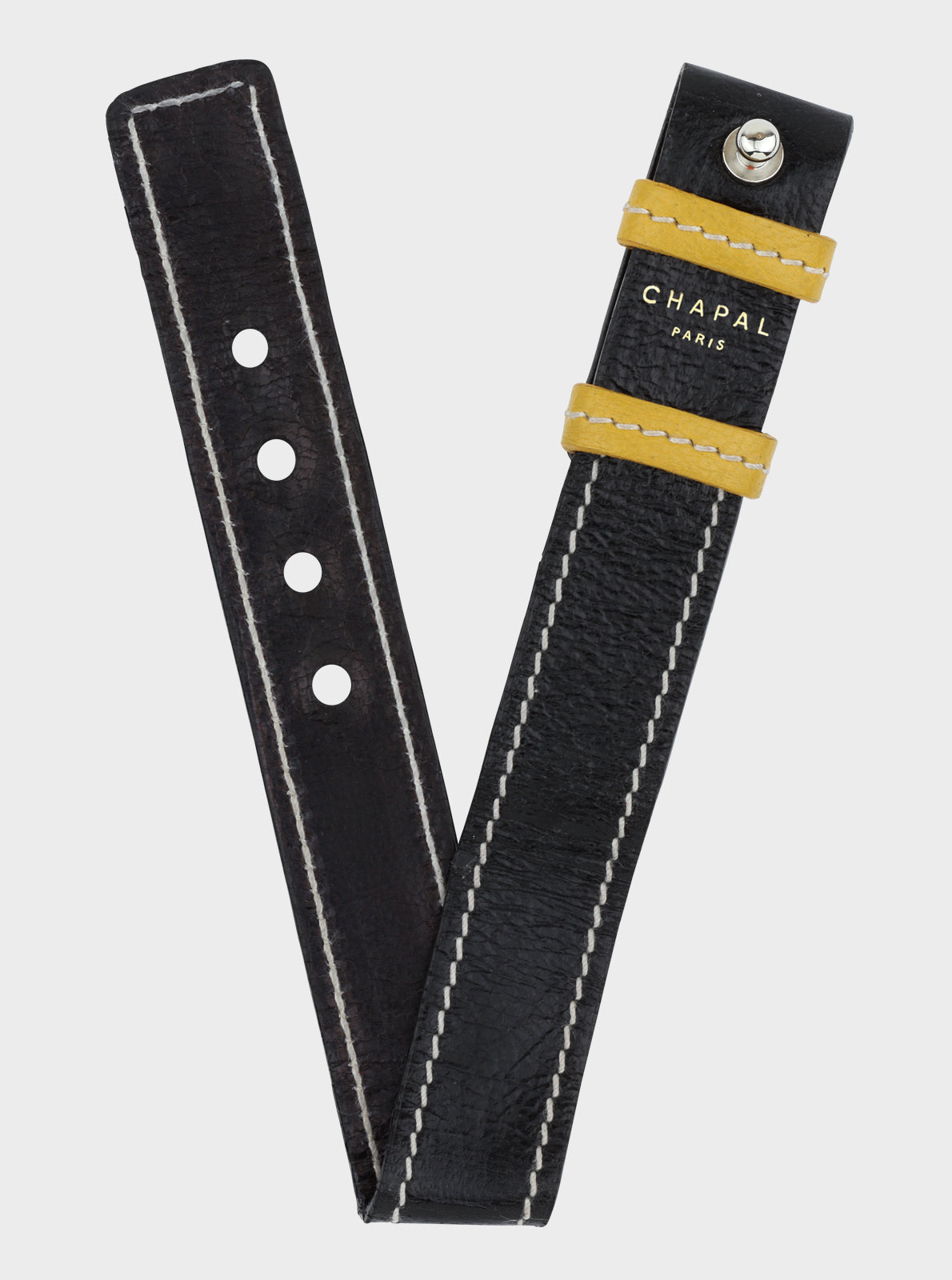 Image of Bracelet cuir Chapal 20 mm bicolore en V, lanière noire à œillets, sangles jaunes.