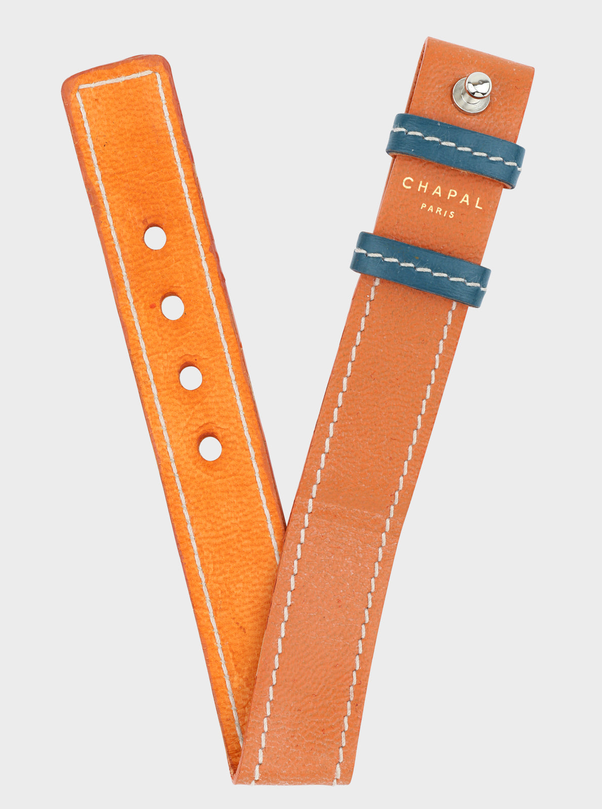 Image of Bracelet cuir Chapal 20 mm bicolore en V, lanière orange à œillets, sangles vertes.