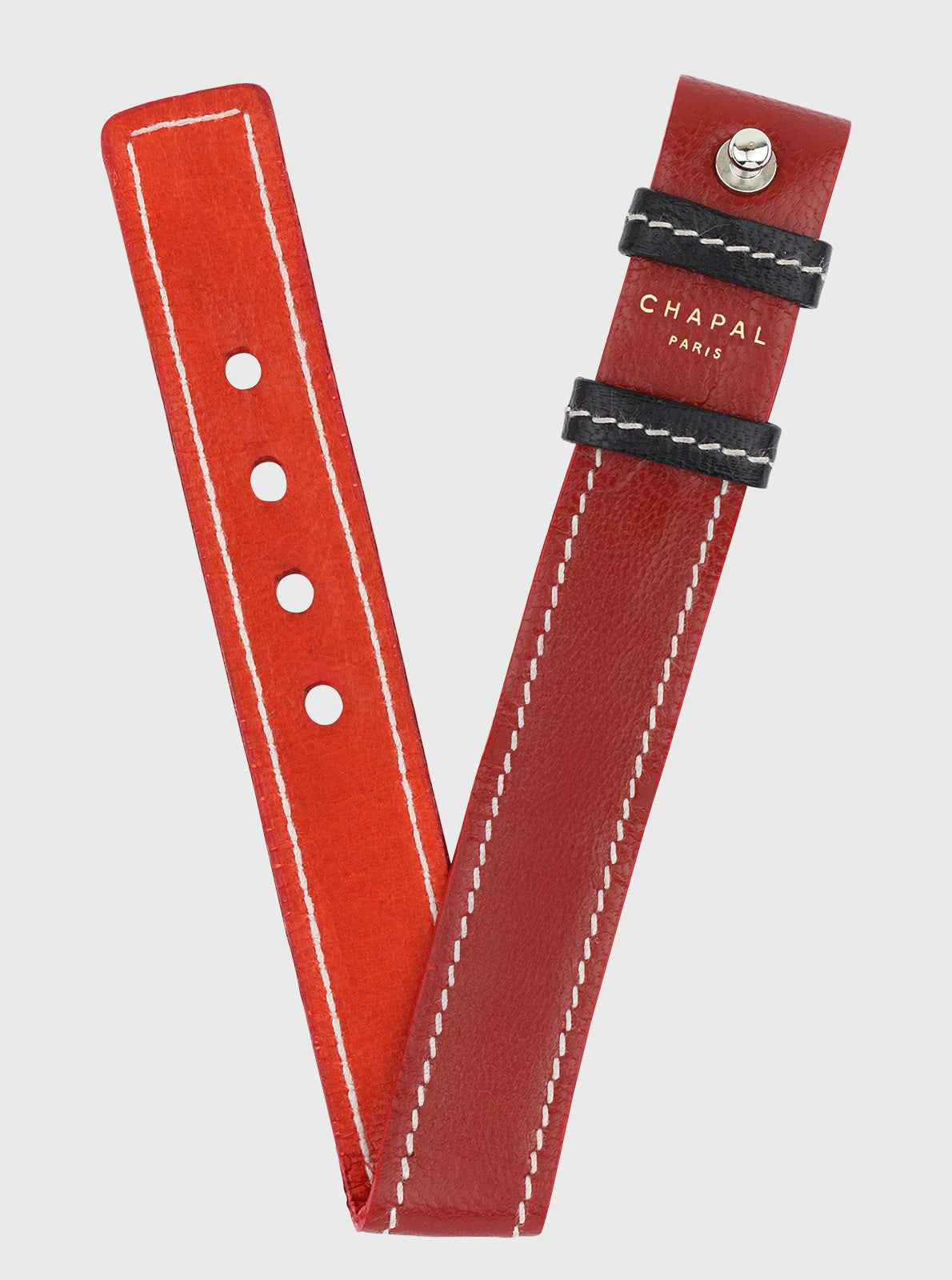 Image of Bracelet cuir Chapal 20 mm bicolore en V, lanière rouge à œillets, sangles noires.