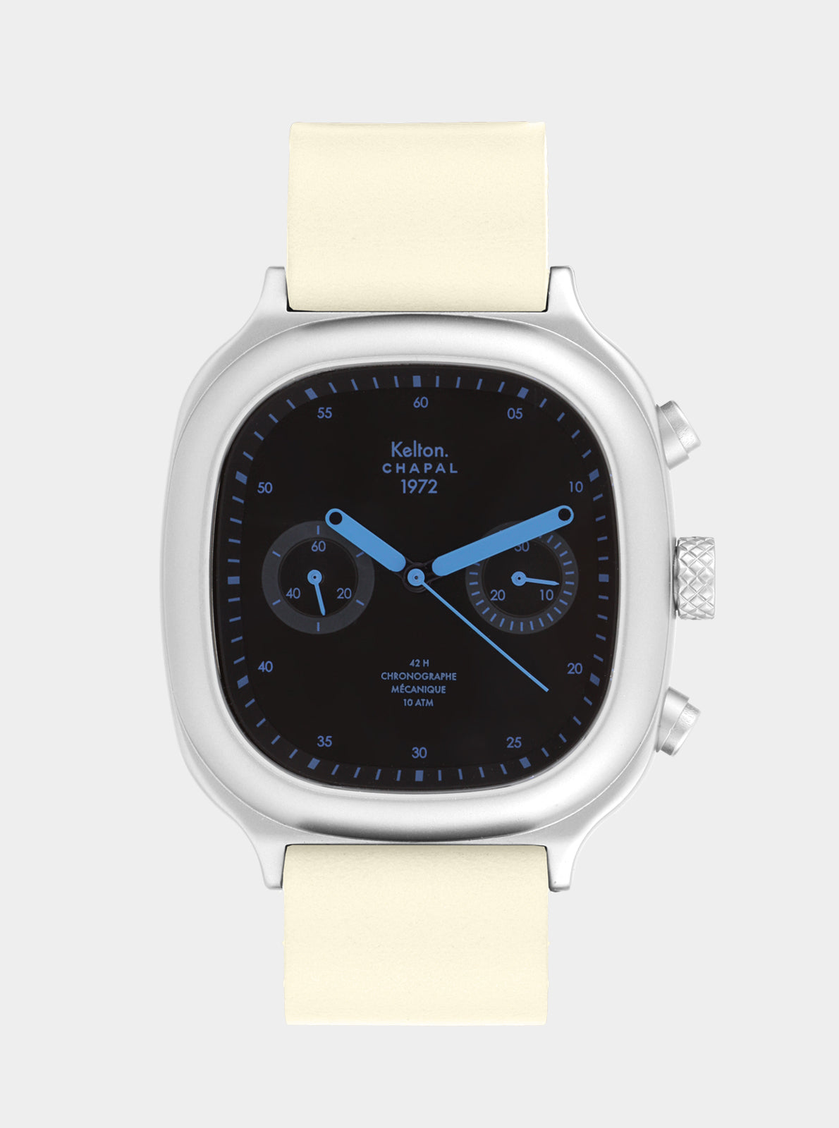Image of Montre chronographe Kelton Chapal, bracelet ecru et cadran noir à trois compteurs.