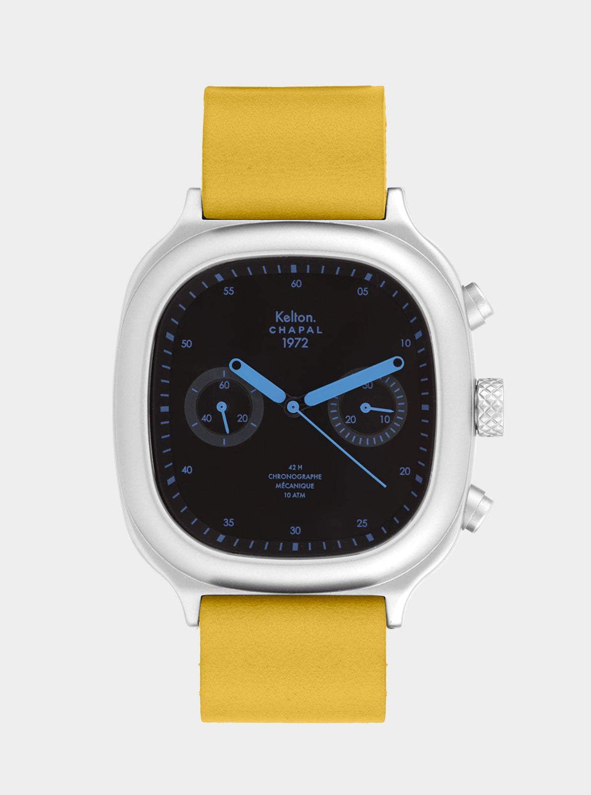 Image of Montre chronographe Kelton Chapal, bracelet jaune et cadran noir à trois compteurs.