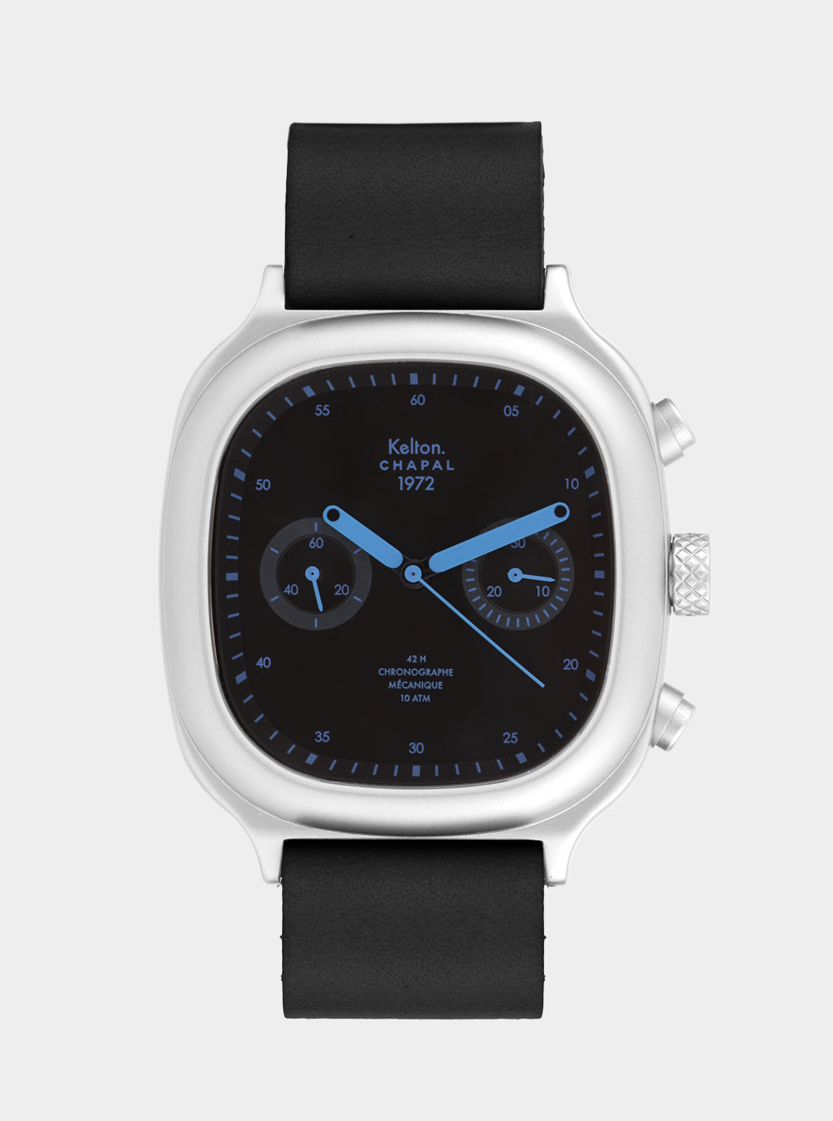 Image of Montre chronographe Kelton Chapal, bracelet noir et cadran noir à trois compteurs.