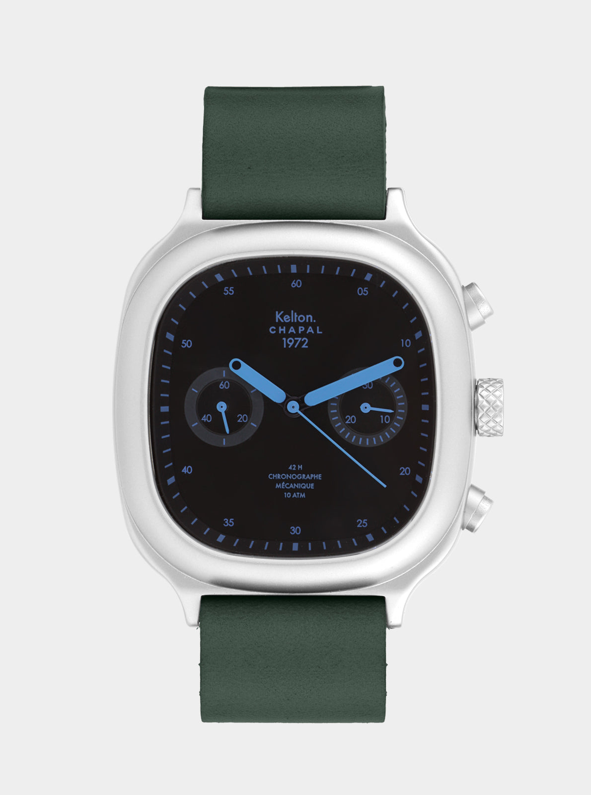 Image of Montre chronographe Kelton Chapal, bracelet vert et cadran noir à trois compteurs.