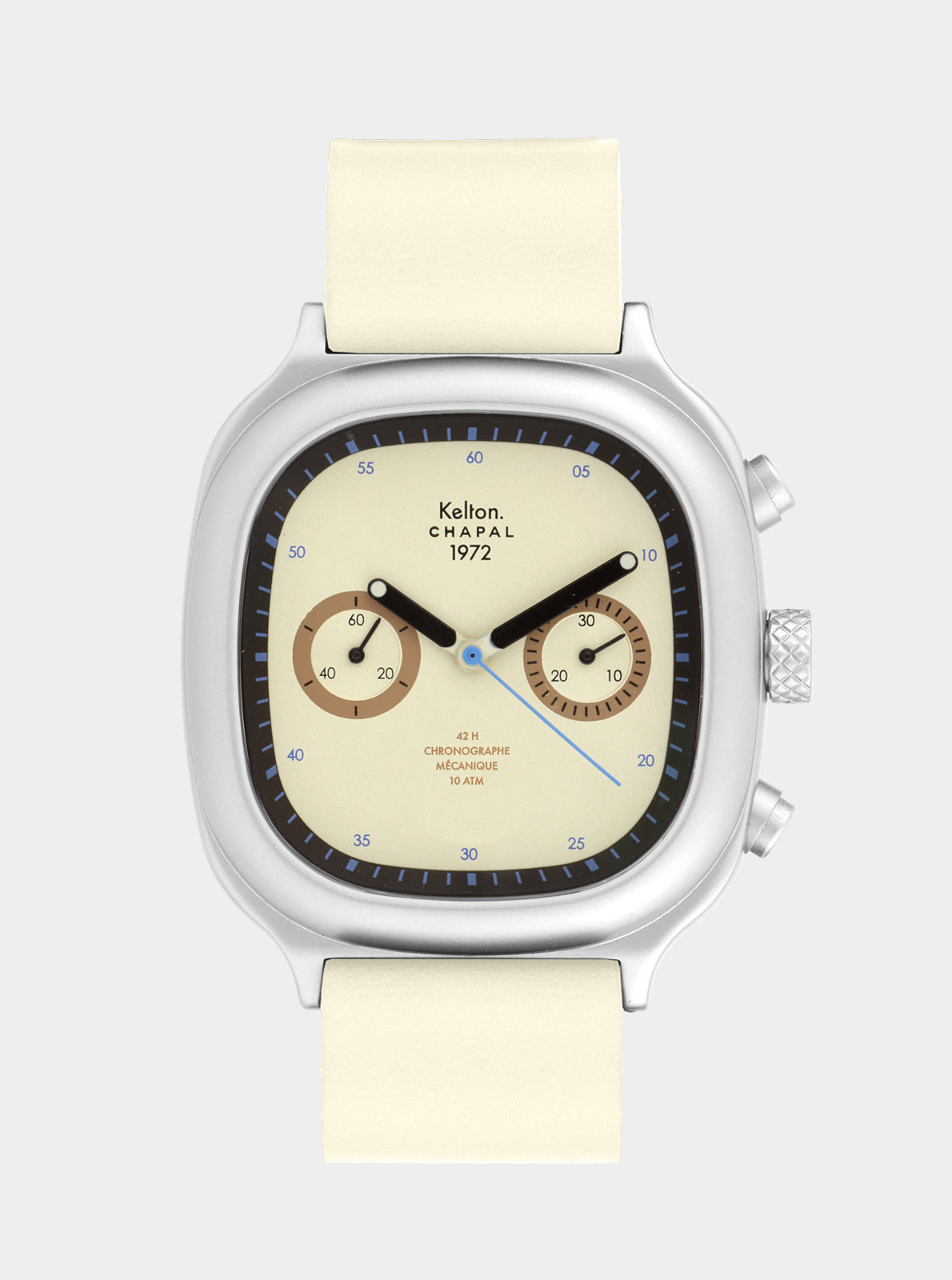 Image of Montre chronographe à cadran beige et bracelet cuir écru, boîtier argenté