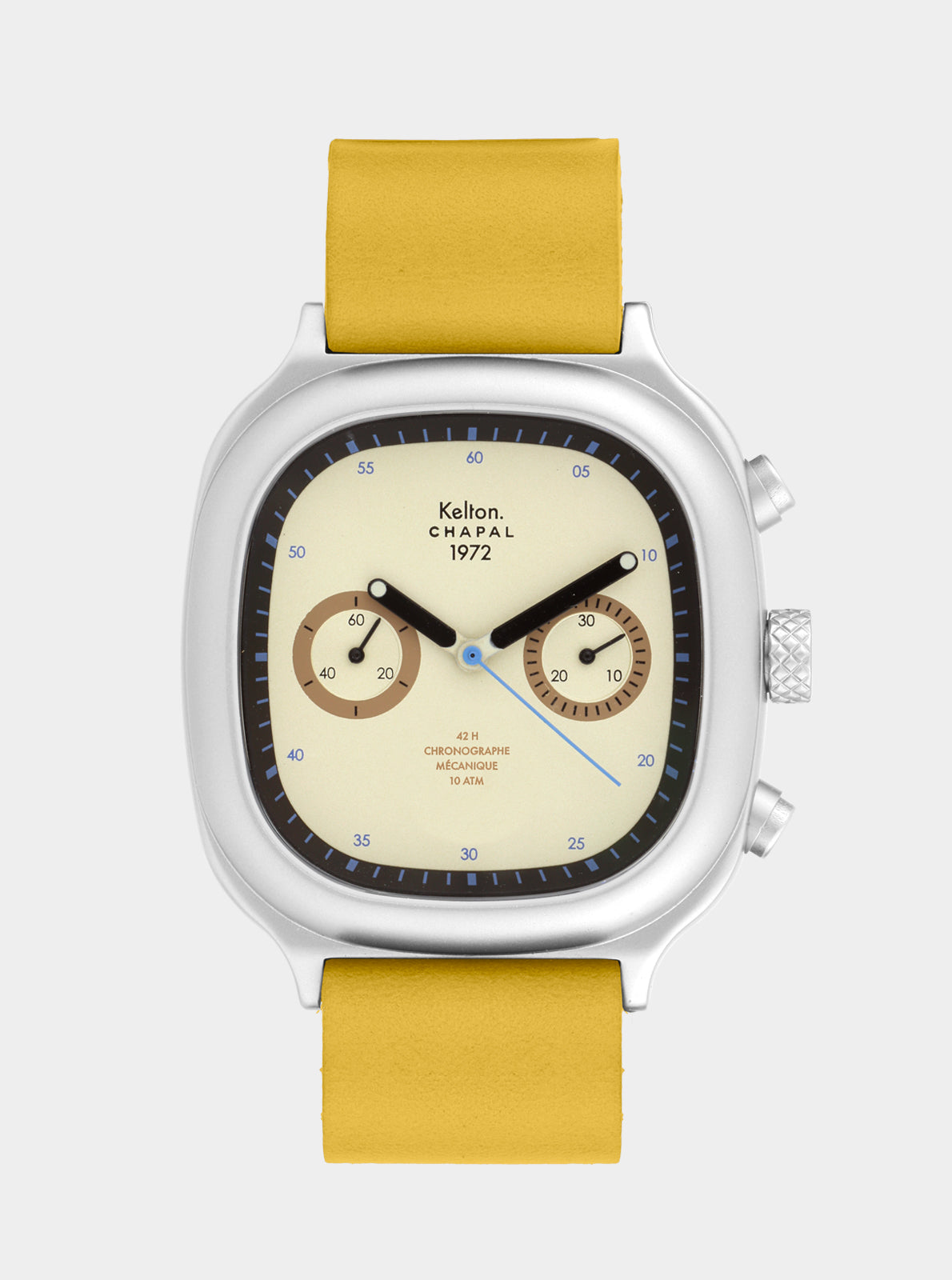 Image of Montre chronographe à cadran beige et bracelet cuir jaune, boîtier argenté
