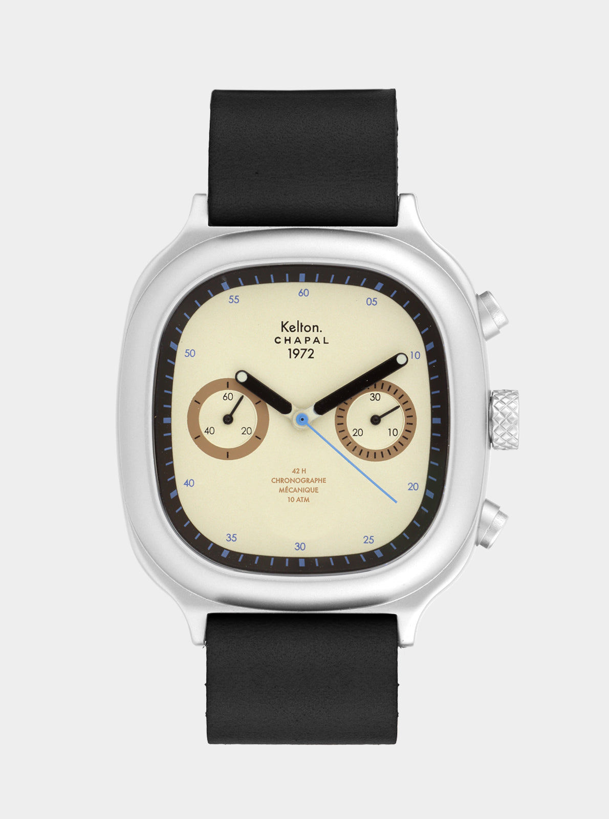 Image of Montre chronographe à cadran beige et bracelet cuir noir, boîtier argenté