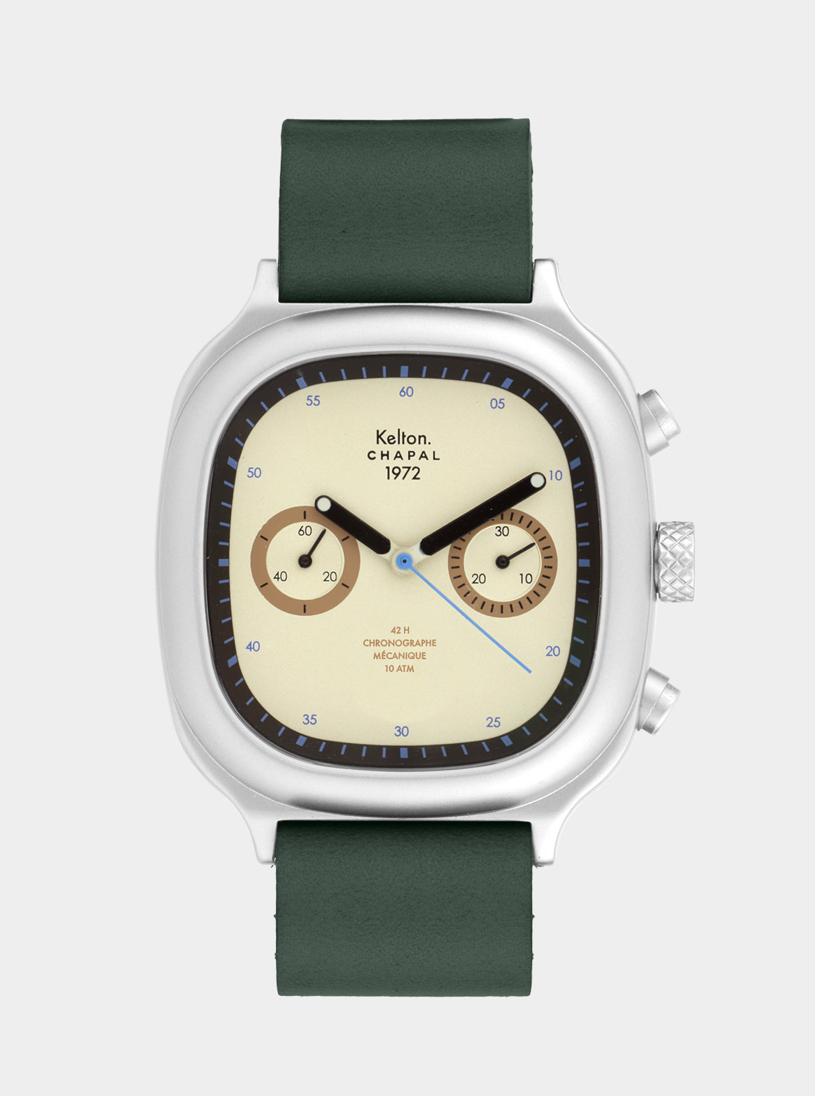 Image of Montre chronographe à cadran beige et bracelet cuir vert foncé, boîtier argenté