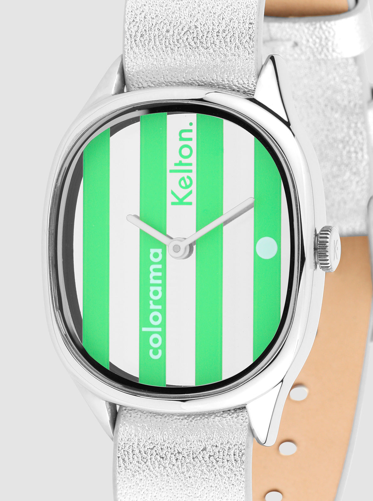 Image of Montre Colorama cadran rayé vert et blanc, marquage Kélton, boîtier argent.