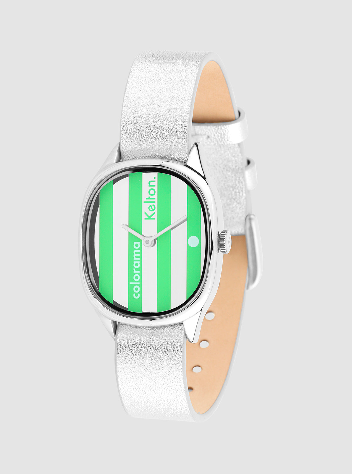 Image of Montre Colorama cadran rayé vert et blanc, bracelet cuir blanc avec revers beige.