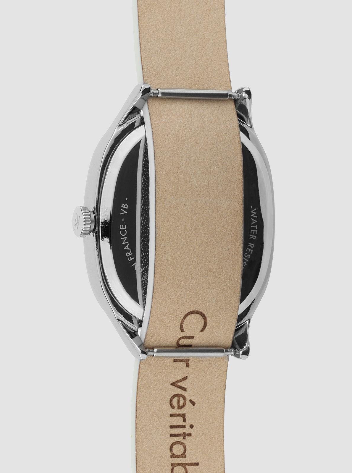 Image of Montre Colorama, fond gravé et bracelet beige, boîtier argent.