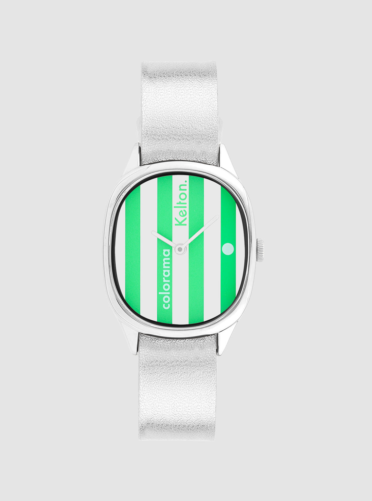 Image of Montre Colorama à cadran rayé vert et blanc, bracelet cuir blanc, boîtier argent.