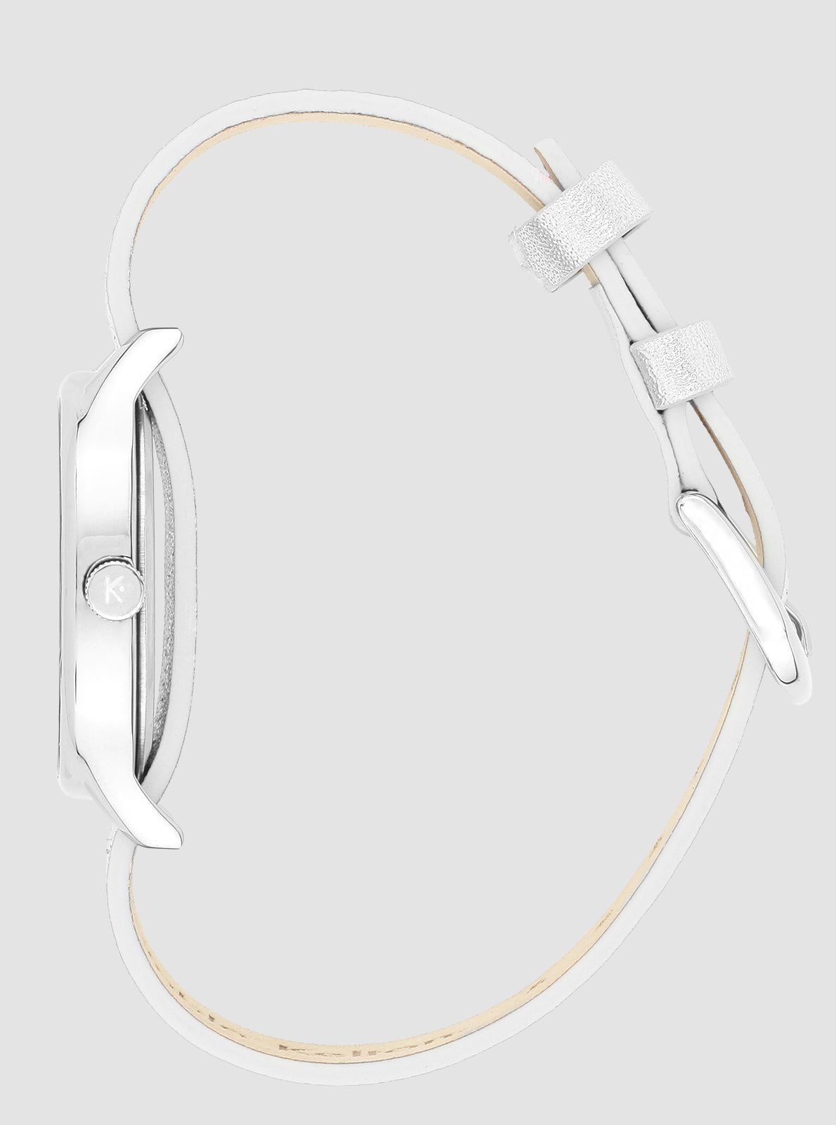 Image of Montre Colorama, boîtier argent avec couronne, bracelet cuir blanc.