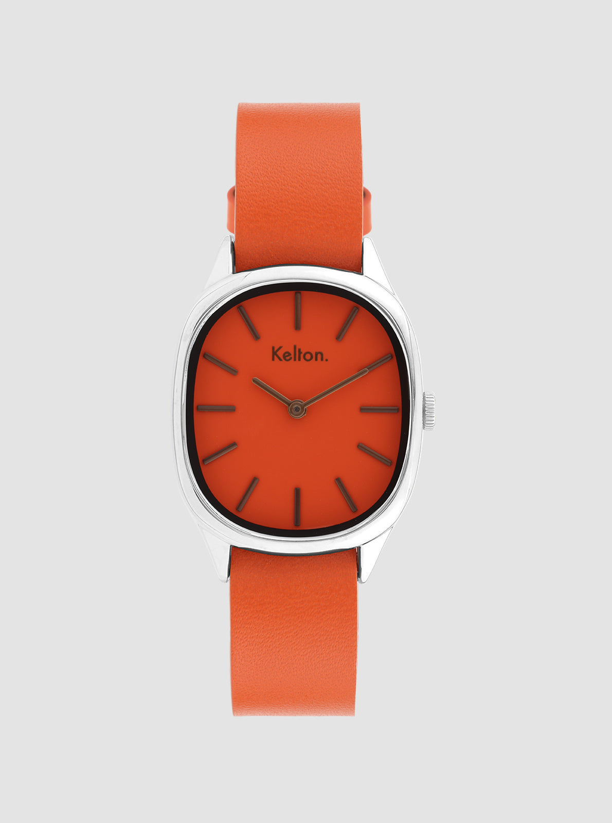 Image of Montre cadran orange et bracelet cuir orange, boîtier argenté, aiguilles noires