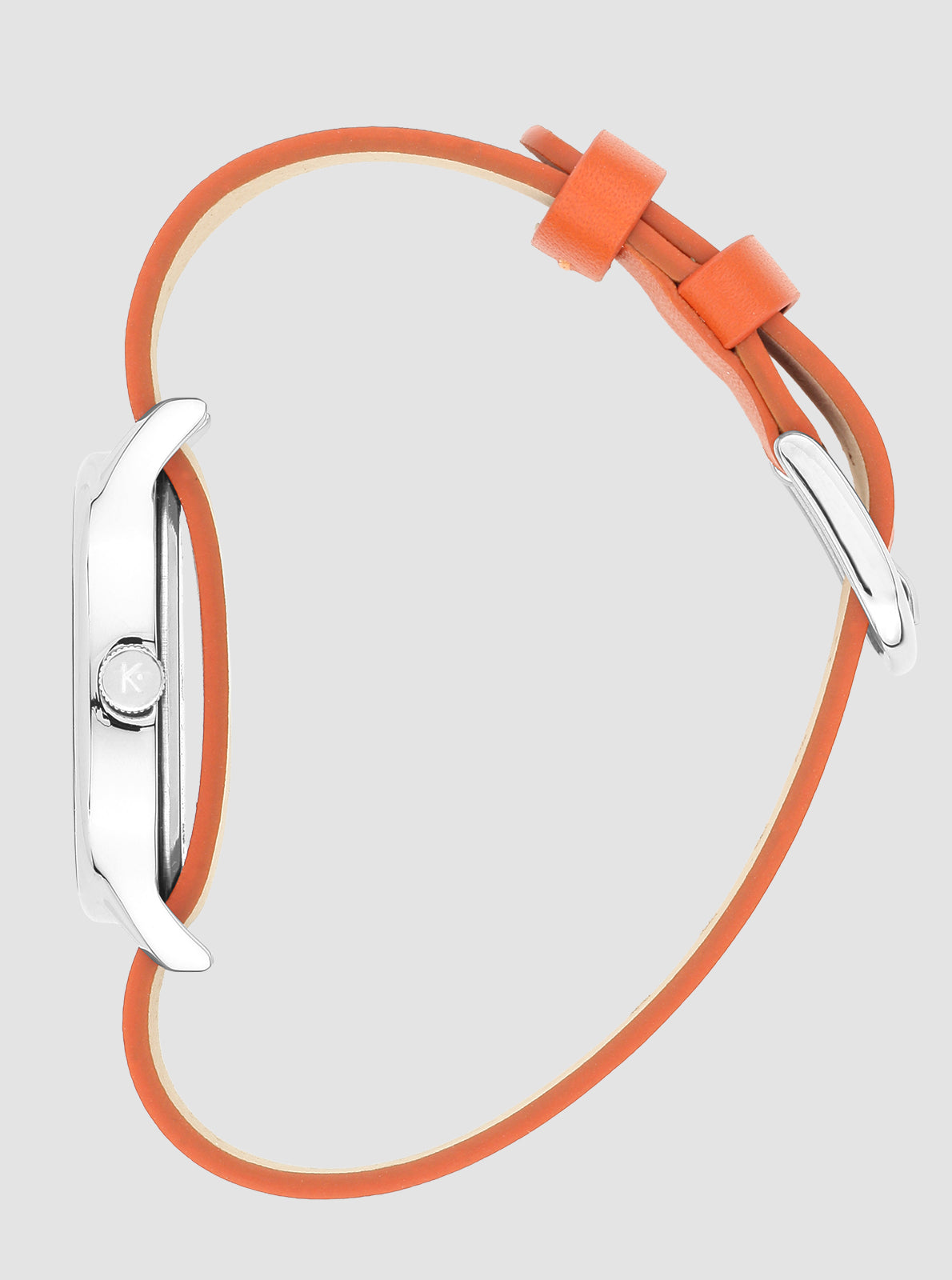 Image of Montre vue de côté, boîtier argenté et bracelet cuir orange, couronne sur le flanc