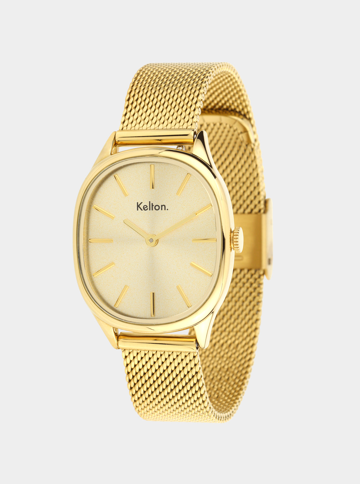Image of Montre Kelton dorée à bracelet maille, cadran crème avec aiguilles et repères.