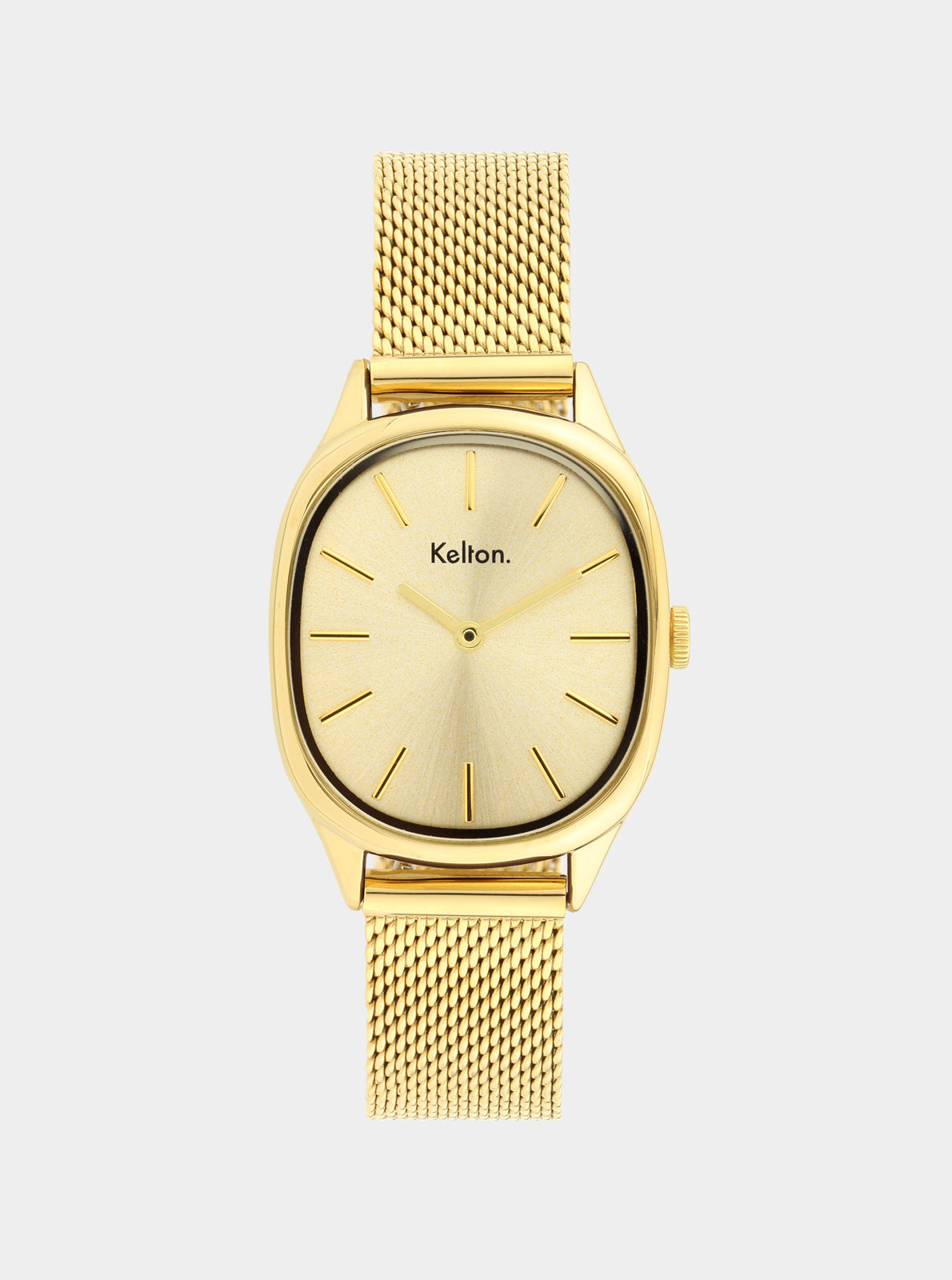 Image of Montre Kelton à bracelet maille dorée, cadran crème et index dorés.