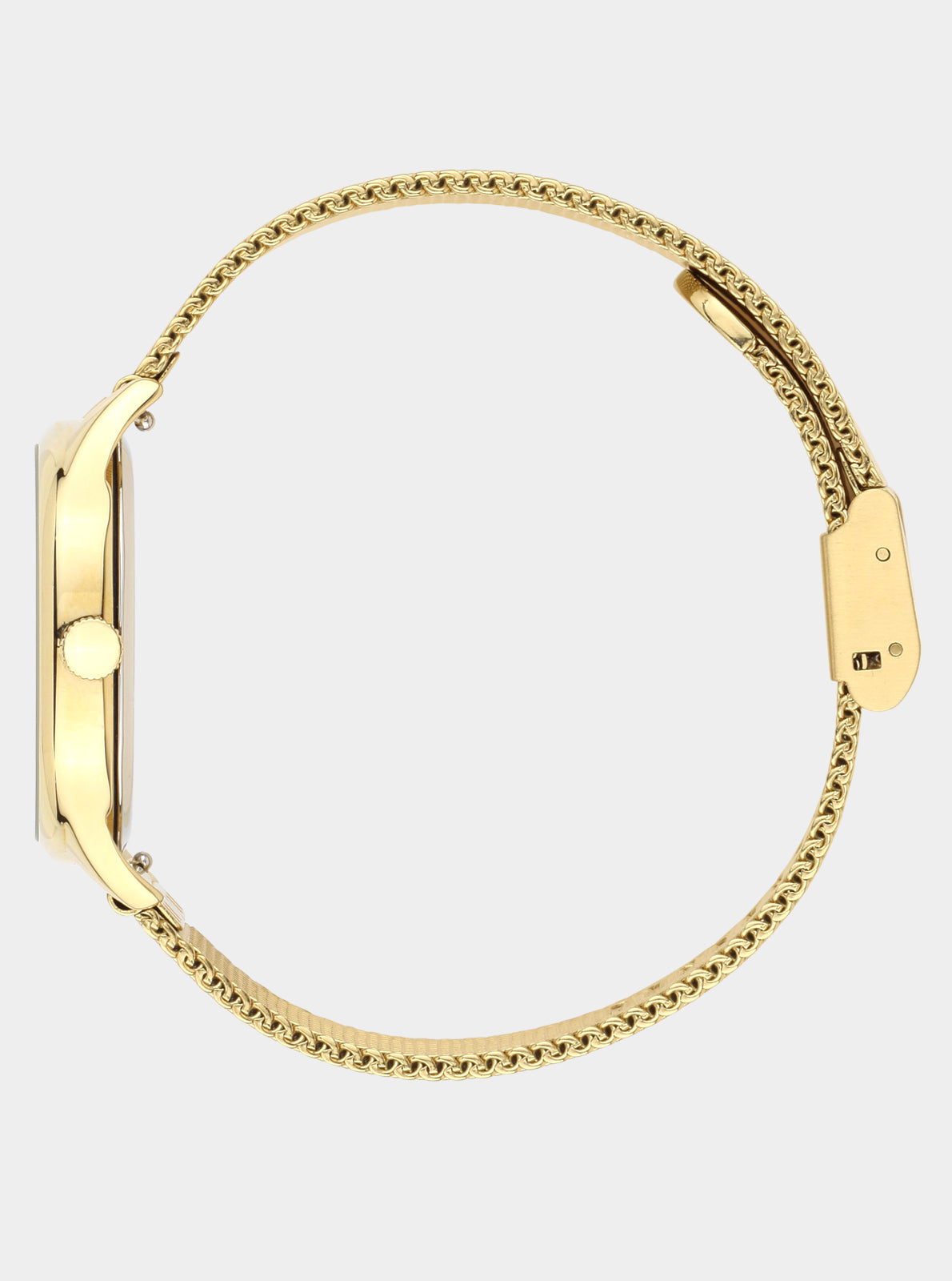 Image of Boîtier de montre Kelton doré et bracelet maille, vue de profil avec couronne.