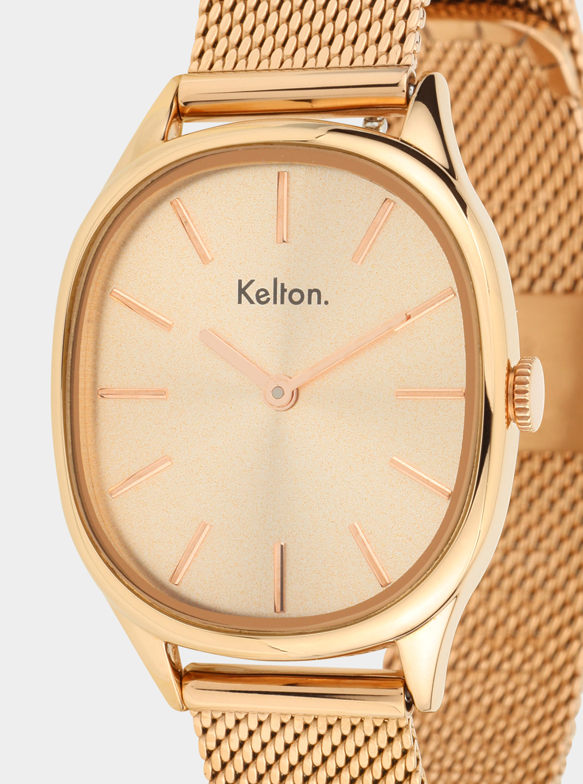 Image of Montre Kelton doré rose, gros plan du cadran beige et des index fins