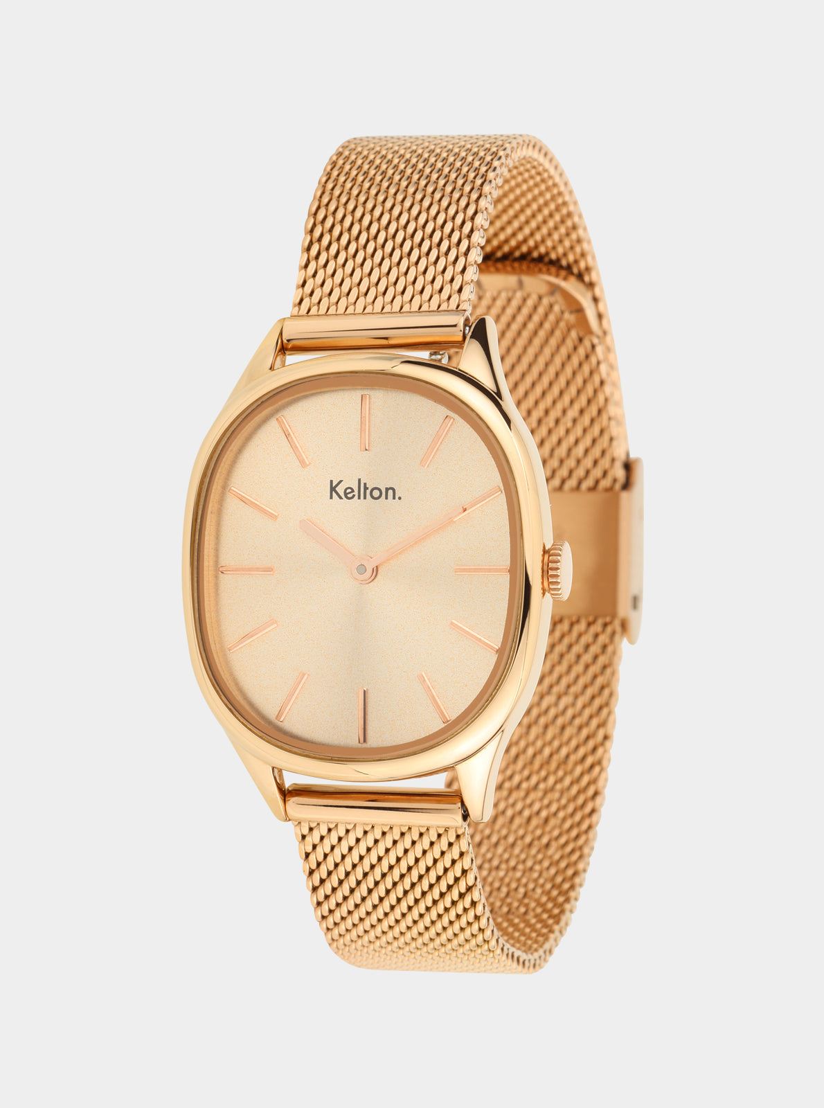 Image of Montre Kelton doré rose, cadran clair et bracelet maille, vue inclinée