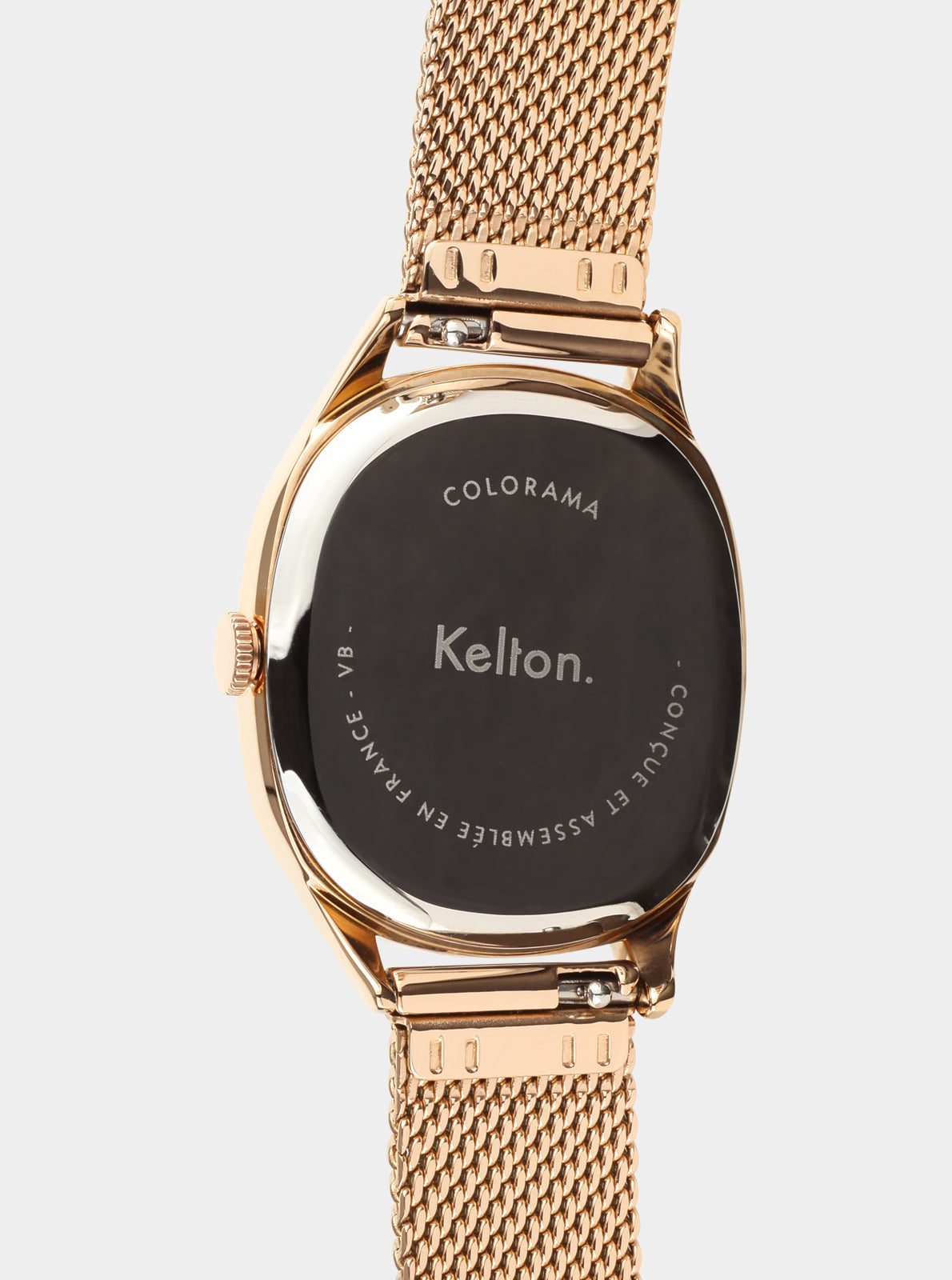 Image of Montre Kelton Colorama, fond noir avec marquages et bracelet maille doré rose