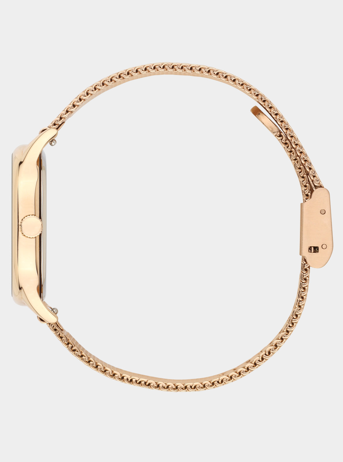 Image of Montre Kelton doré rose, profil avec couronne et bracelet maille