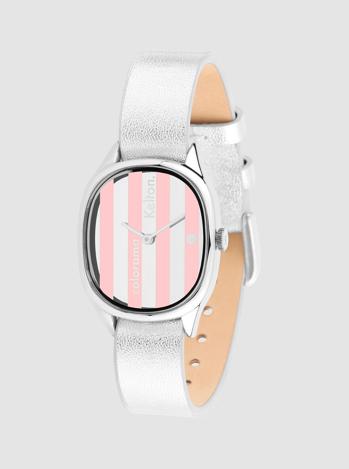 Image of Montre à cadran rayé rose et blanc, boîtier argenté, bracelet cuir blanc et beige