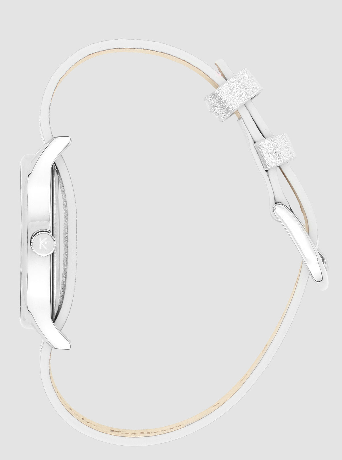 Image of Montre boîtier argenté, bracelet cuir blanc, vue arrière