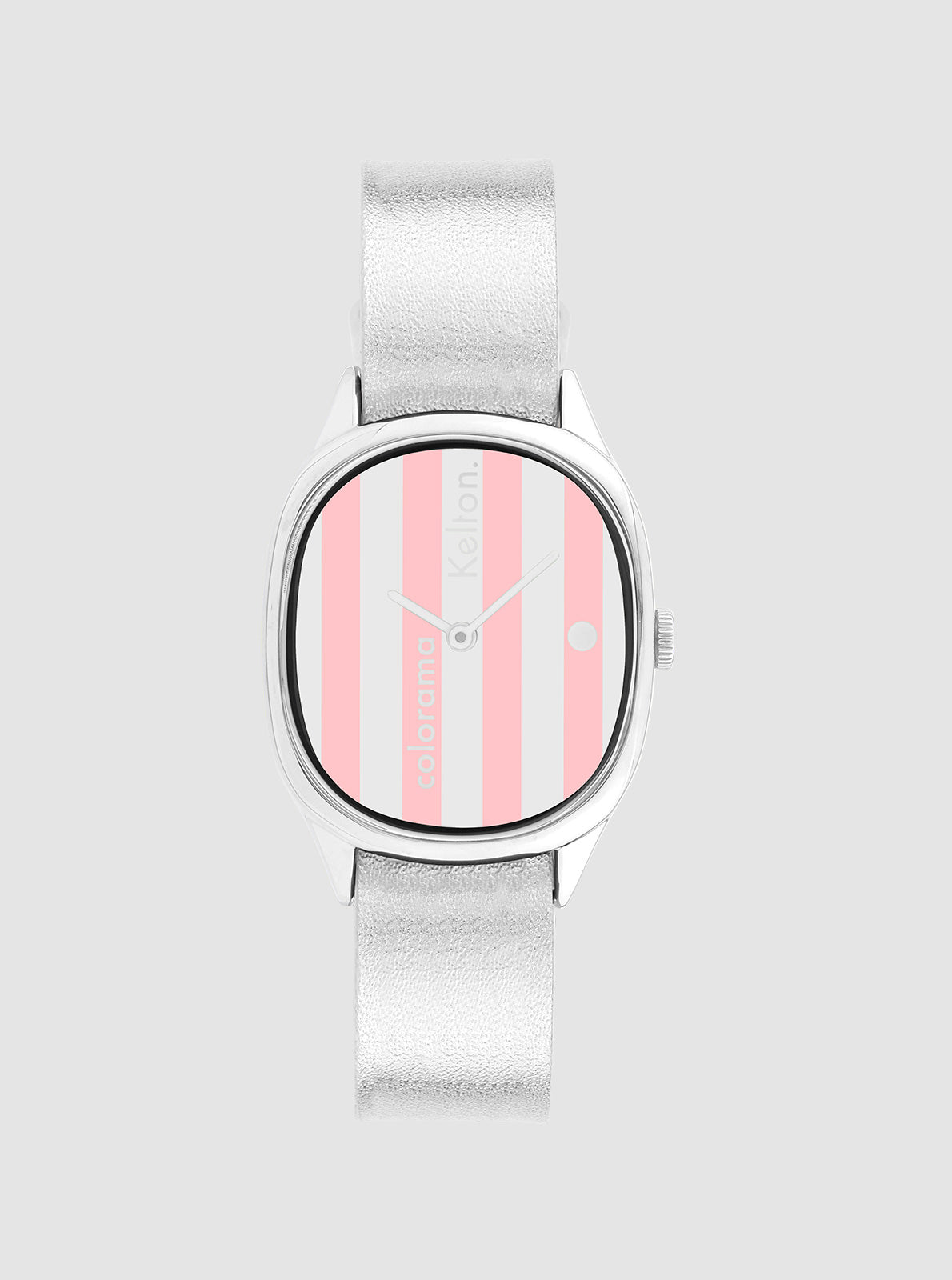 Image of Montre à cadran rayé rose et blanc, boîtier argenté, bracelet cuir blanc