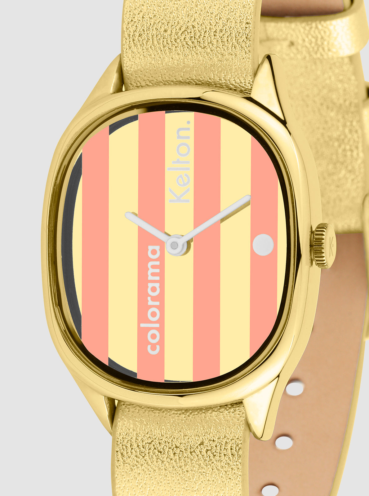 Image of Montre bracelet cuir doré, cadran rond rayé pêche, chiffres et aiguilles