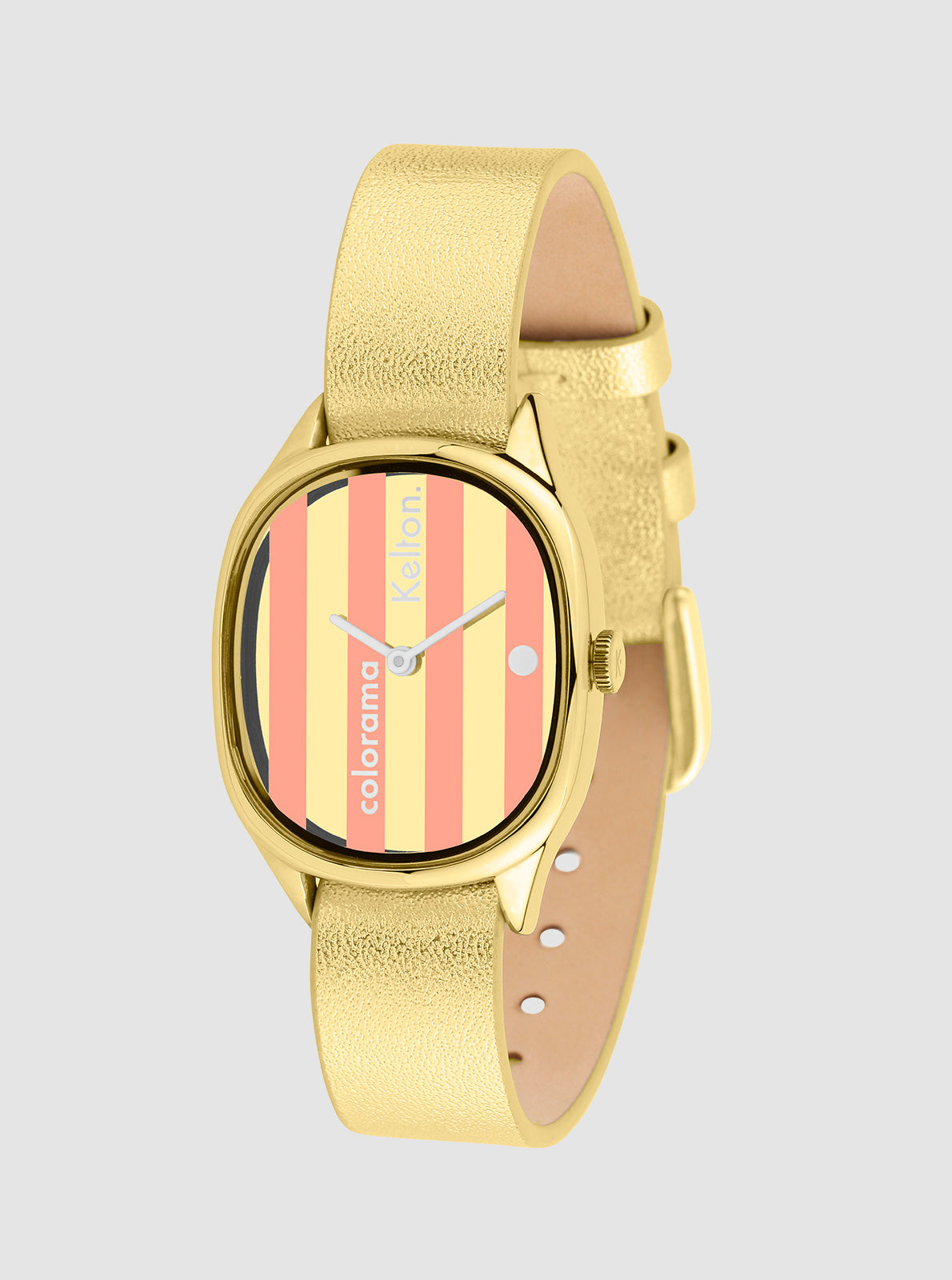Image of Montre bracelet cuir doré, cadran rayé pêche, couronne sur le côté, boucle