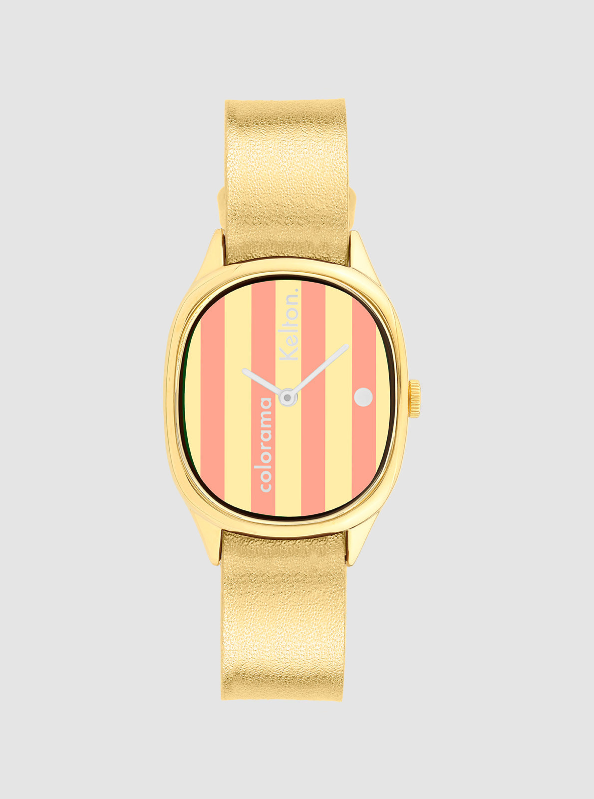Image of Montre bracelet cuir doré, cadran rayé pêche et crème, index ronds