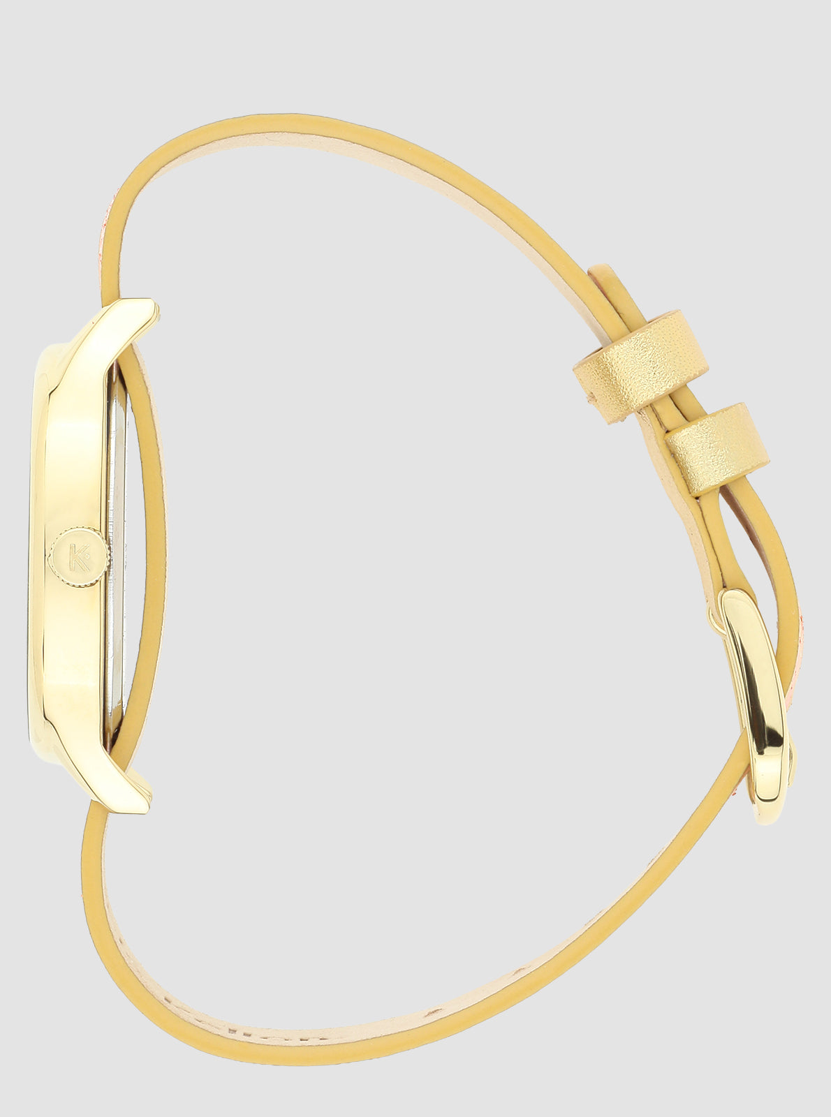 Image of Montre bracelet cuir doré, boîtier doré vue de profil, boucle réglable