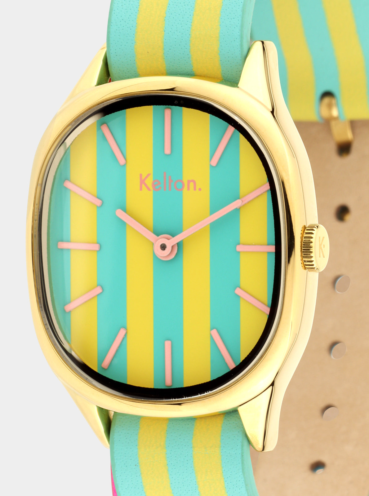 Image of Montre Colorama Citron-Basilic, cadran turquoise à rayures, index et aiguilles roses.