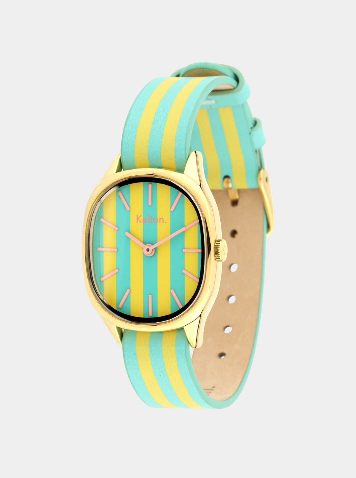 Image of Montre Colorama avec bracelet large rayé bleu, boîtier doré, cadran turquoise à repères roses.