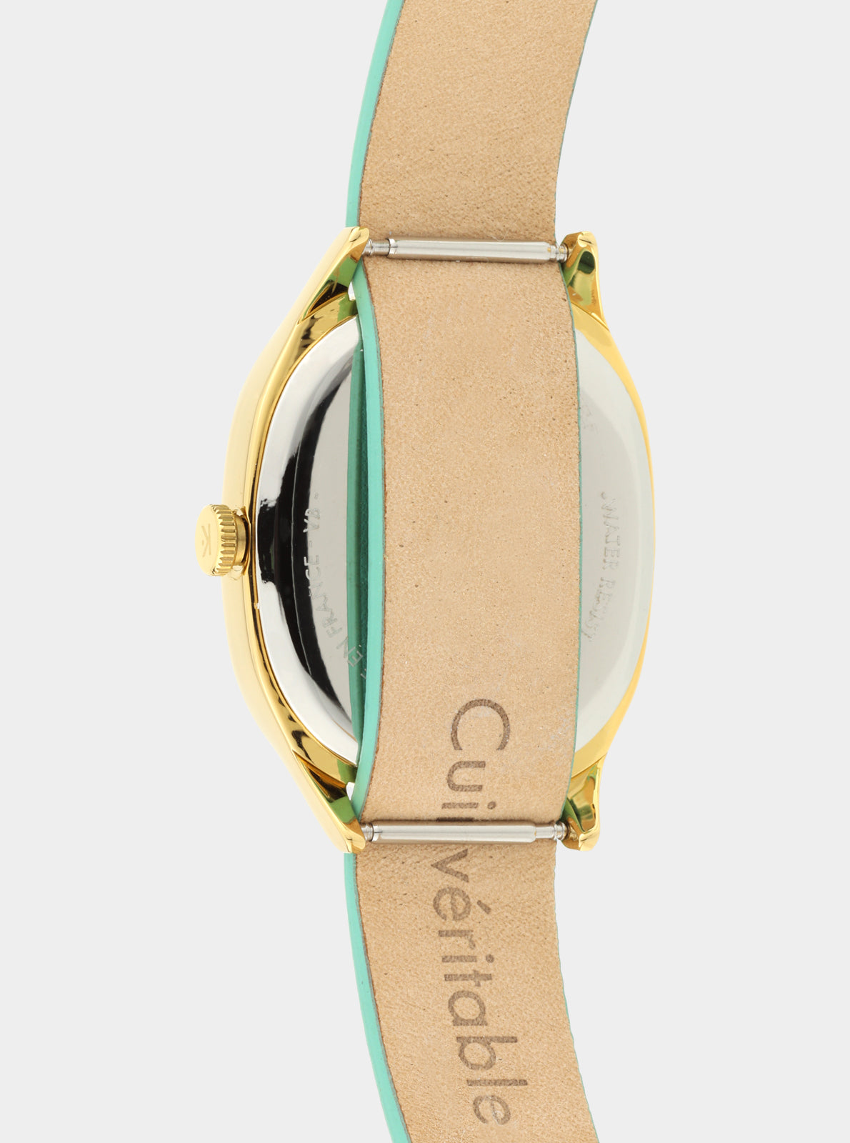 Image of Montre Colorama avec boîtier doré et bracelet turquoise, vue latérale arrière.
