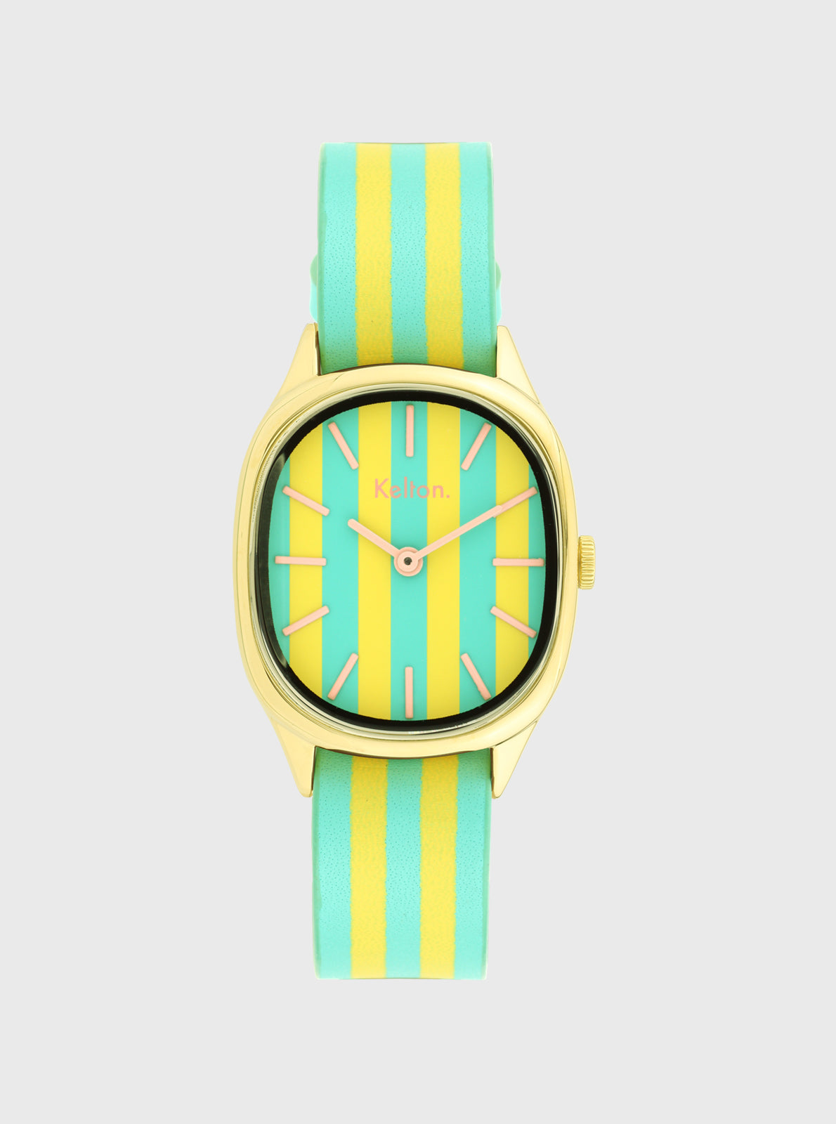 Image of Montre Colorama au bracelet rayé bleu/jaune et cadran turquoise, aiguilles roses.