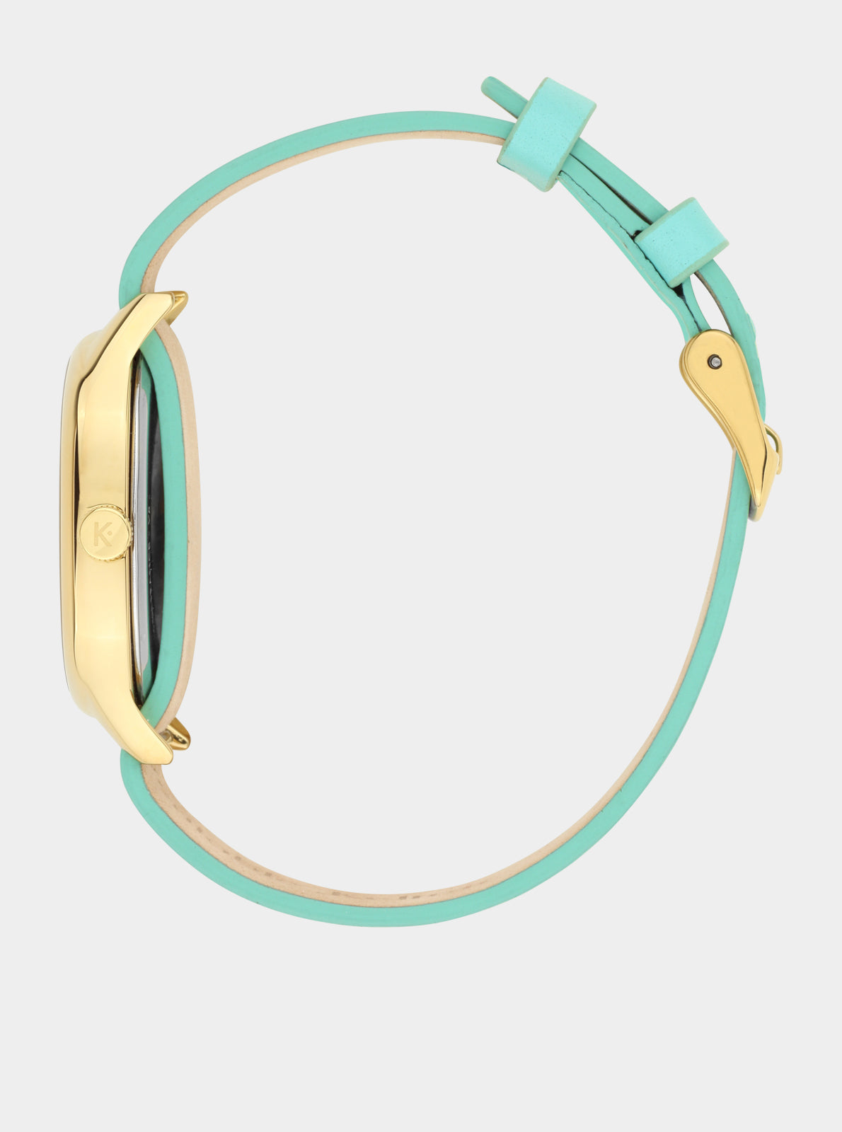 Image of Montre Colorama bracelet turquoise rayé, boîtier doré rond, boucle de réglage visible.
