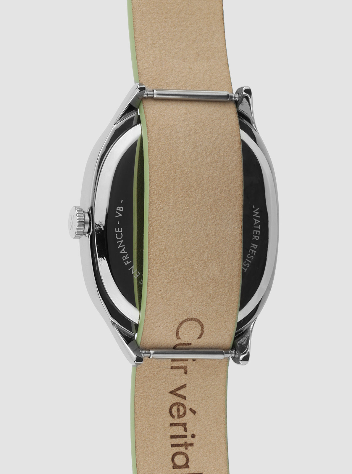 Image of Montre Colorama Sauge bracelet vert et boucle, fond du boîtier visible