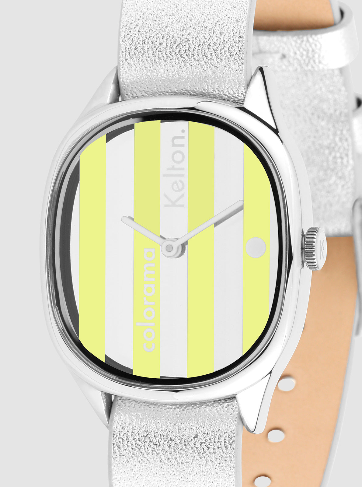 Image of Montre ronde cadran rayé jaune et blanc, bracelet argent et doublure beige