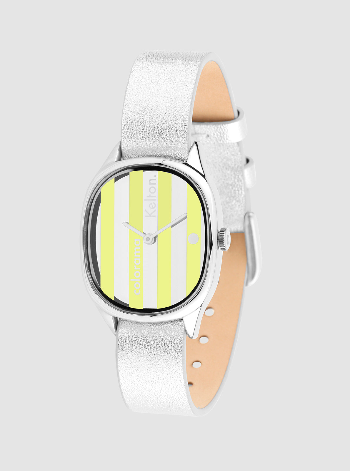 Image of Montre à cadran rayé jaune, boîtier argent, bracelet argent avec doublure beige