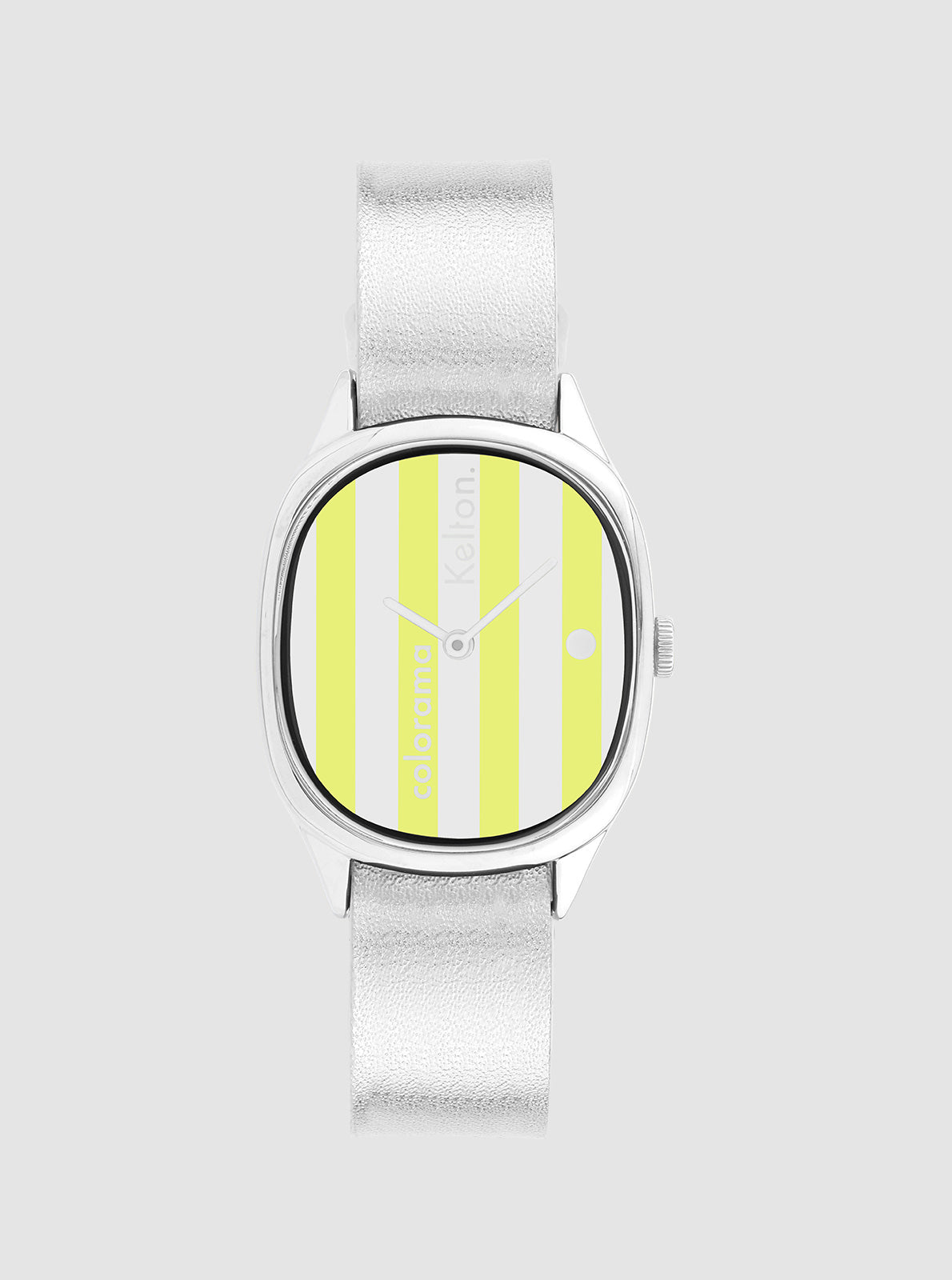 Image of Montre ronde à cadran rayé jaune et blanc, bracelet argent en cuir texturé