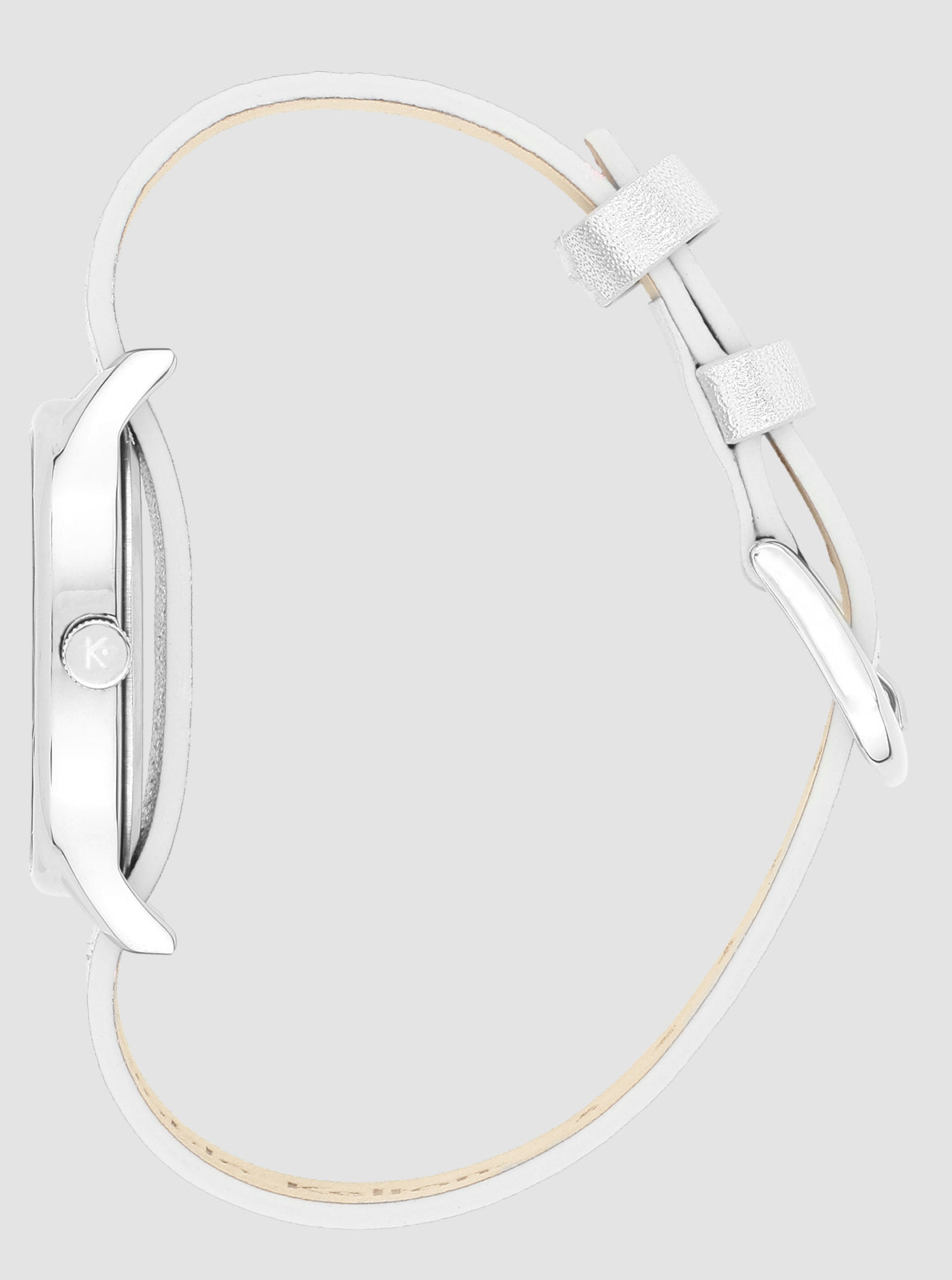 Image of Montre vue de côté, boîtier argent poli, bracelet blanc avec coutures beiges
