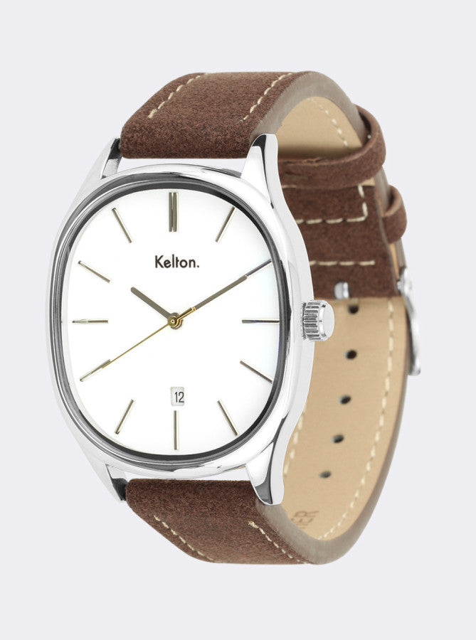 Image of Montre ronde à cadran blanc, bracelet en cuir marron avec surpiqûres