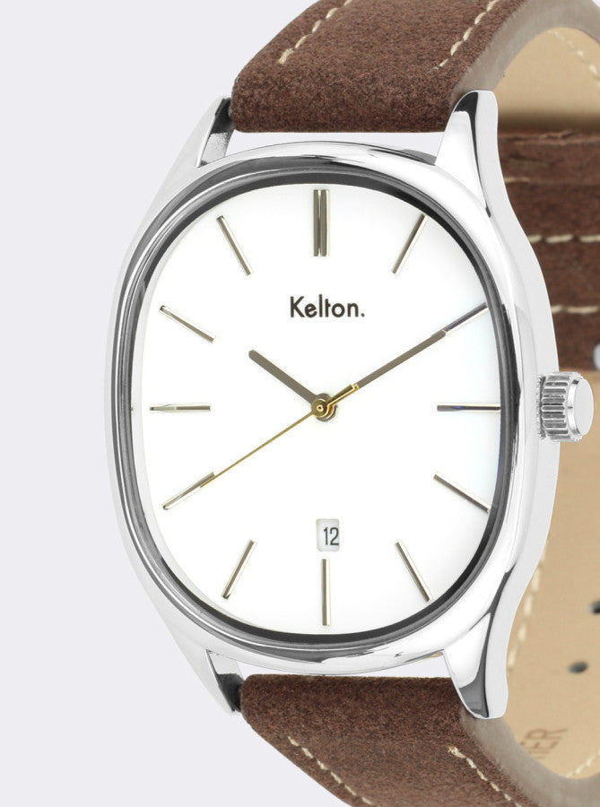 Image of Montre à cadran blanc Kelton, boîtier argenté et bracelet en cuir marron