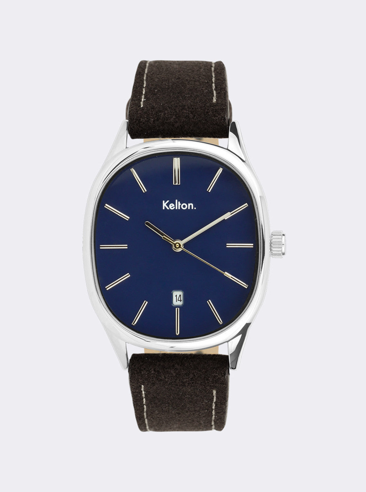 Image of Montre Kelton à cadran bleu nuit et bracelet en cuir brun foncé