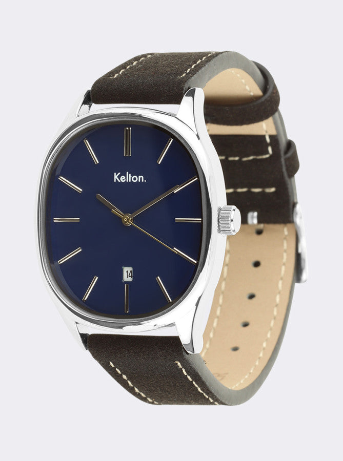 Image of Montre Kelton cadran bleu nuit, boîtier argent et bracelet cuir foncé