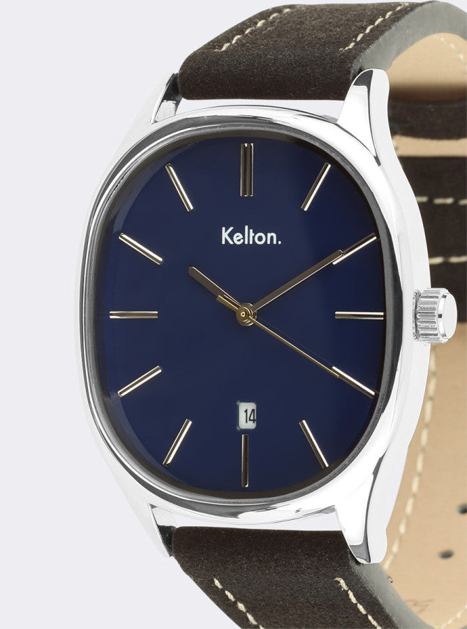 Image of Montre Kelton cadran bleu nuit, aiguilles dorées et logo Kelton
